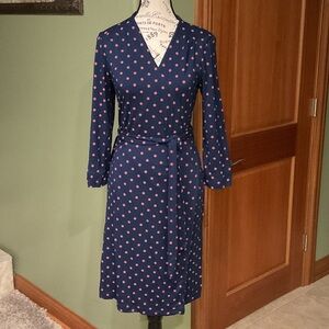 Lands' End Navy Wrap Long Sleeve Dress with Pink Dots